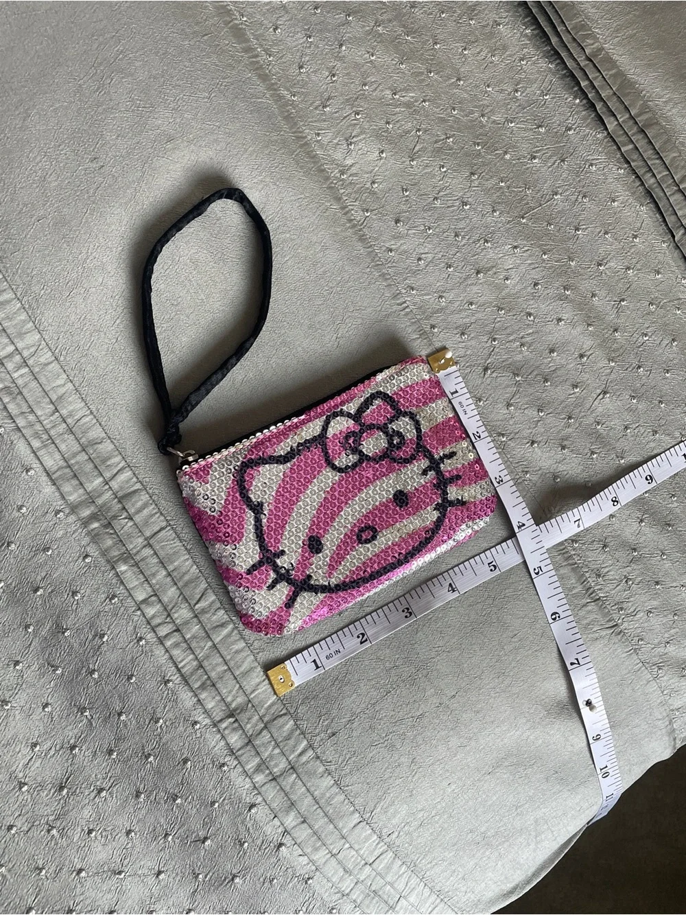 Hello Kitty Pink and Silver Sequin Wristlet Satiny Pouch with Wrist Strap